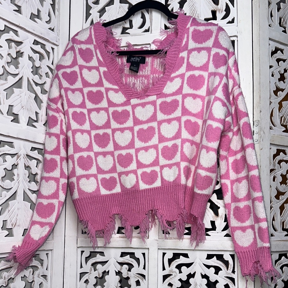 ‘Just Polly’ 💕 Pink Heart-Print Distressed Scoop-Neck Sweater